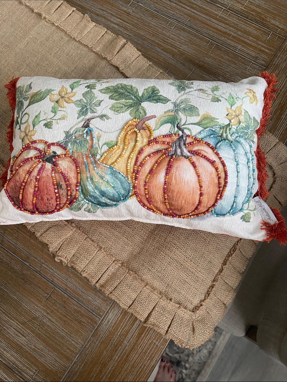 Autumn Pumpkin Beaded Accent Pillow - Orange, Teal & Yellow